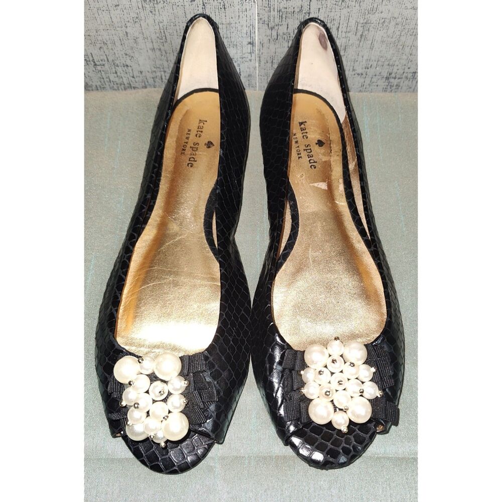 Kate Spade Pearl Cluster Black Peep-Toe Flats Sz 7M
